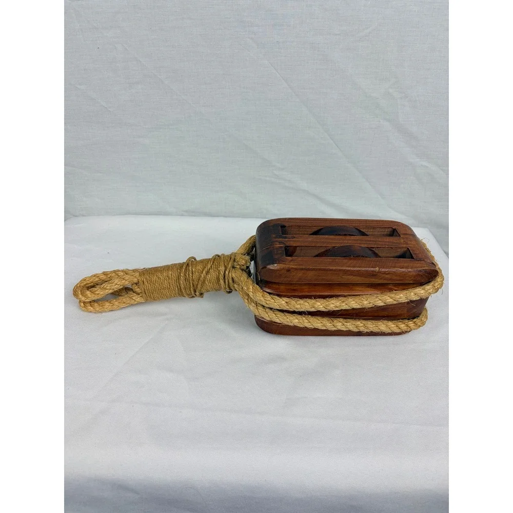 Vintage‎ Wooden Double Pulley Block Nautical Decor Jute Rope Maritime Accent